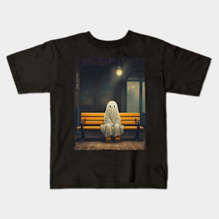 Vintage Cute Ghost Waiting Sitting On Chair Halloween Gothic Kids T-Shirt